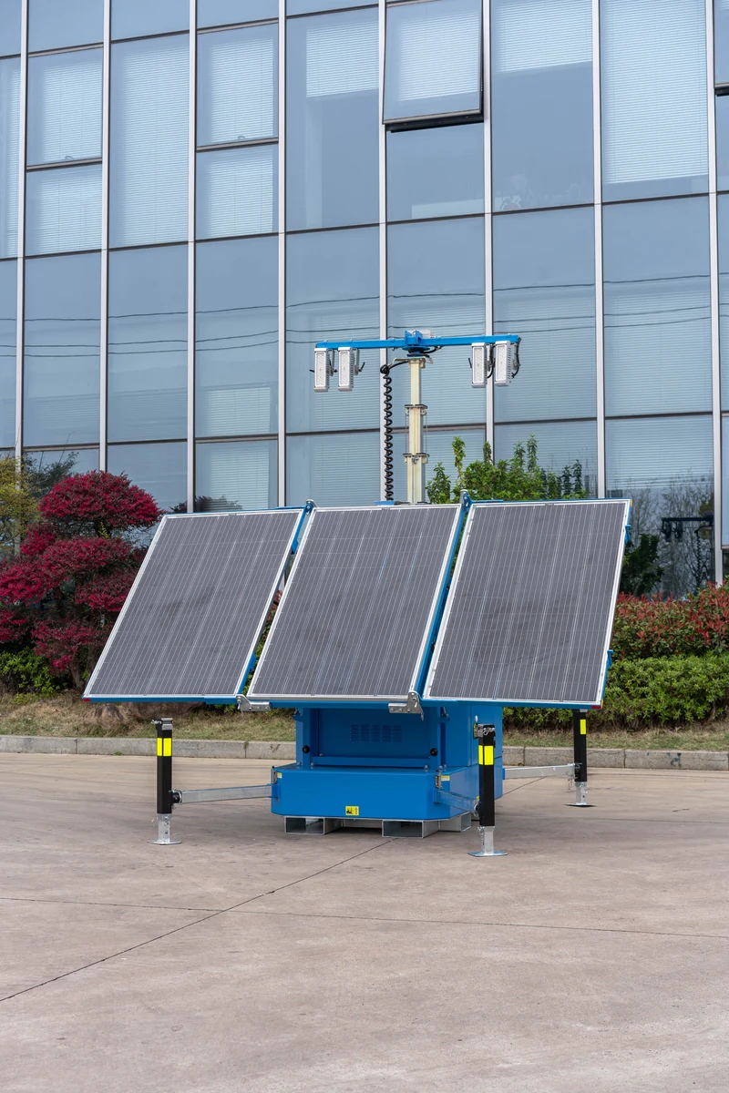 Complete blue solar lighting equipment, with lamp mast, solar panels and skid base