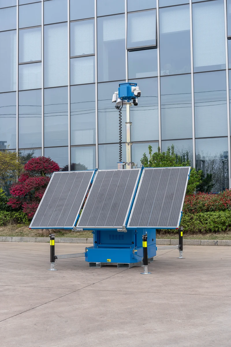 Complete blue solar surveillance equipment, with camera mast, solar panels and skid base